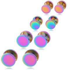 【幅9/10/12/14mm 色：ステンレス レインボー 4ペアセット】[Adelina Style] ダンベルピアス 人気 つけっぱなし ネジ式 フラットキャッチ 円型 サージカルステンレス メンズ レディース シンプル 金属アレルギー対応 スタッドピアス