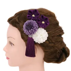 髪飾り 成人式 振袖 浴衣 卒業式 袴 結婚式 3点セット 紫 白 花 和 洋 かんざし 手作り 簪 つまみ細工 ちりめんフォーマル 花飾り 玉飾り ブライダル W28 303-230 紫 白 p847　Si
