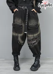 【LycoAn】ダメージブラックデニムパンツ ジーンズ ブリーチ加工 レトロ サルエルパンツ モード系　【KBT】　CA-PA020