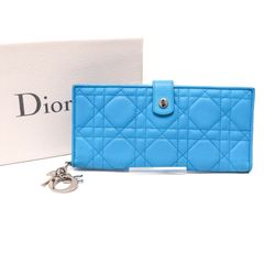 クリスチャン ディオール 24 MA 1104 カナージュ ステッチ 長財布 ロングウォレット long wallet チャーム付き レザー 本革 青 ブルー blue 水色 Christian Dior