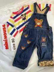 31ミキハウスmikihouse80size プッチくんいっぱいオーバーオール　ボーダーシャツ