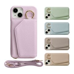 iPhone7/8 SE パープル iPhone7Plus/8Plus iPhoneケース iPhoneX/XS XR スマホケース カバー リング 韓国 財布 ミラー シンプル 取り外し可能 かわいい ストラップ カード入れ 合皮レザー ショルダー