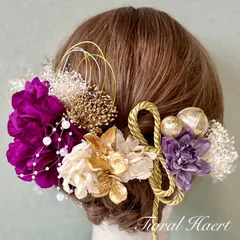 髪飾り 卒業式 袴 成人式 赤紫 &金小花 卒業式 振袖 ドライフラワー 金箔 紐リボン