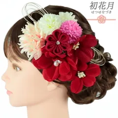 髪飾り 成人式 水引 つまみ細工 振袖 袴 花 3点セット 赤 白 ピンク ちりめん 造花 和柄 パール ビーズ ラインストーン コーム No.12-0741