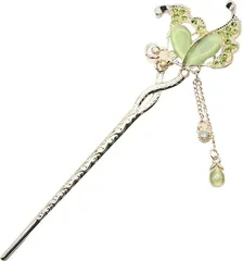 Miaomyao ミャオミャオ 簪 かんざし 一本 髪飾り 和装 留袖 キュービックジルコニア バタフライ フラワー 蝶 花 モチーフ ピンクゴールド ヘアアクセサリー(グリーン,  ワンサイズ)