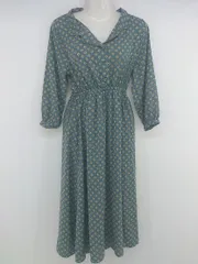 ◇ MAGIC SOUND 総柄 開襟 八分袖 膝下丈 ワンピース サイズL グレー系 ホワイト系 マルチ レディース E  【1304050005732】