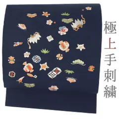 名古屋帯 手刺繍 未使用 正絹 紬 カジュアル 紺 宝尽くし 仕立て上がり 九寸 お洒落 No.6-1964
