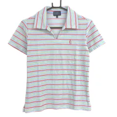 【美品】パーリーゲイツ 半袖スキッパーシャツ ライトブルー×レッド ボーダー パイル地 レディース 0(S) ゴルフウェア PEARLY GATES