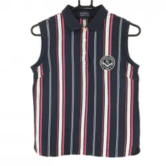 パーリーゲイツ ノースリーブポロシャツ ネイビー×白×ピンク ストライプ ロゴワッペン レディース 0(S) ゴルフウェア PEARLY GATES