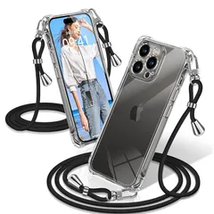 iPhone 14 Pro Max ケース クリア ショルダー 耐衝撃 iPhone14ProMax スマホケース 透明 織りストラップ付き 肩がけ 首掛け 紐付き アイフォン14ProMax カバー 縄掛け シングルショルダーロープ 斜めがけ 調節可能な 1