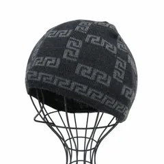 ヴェルサーチ ヴェルサーチェ VERSACE 美品 総柄 ウール ビーニー ニットキャップ 帽子 黒 ブラック