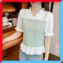 新品 シャツブラウス レディース 半袖 フリル Vネック きれいめ カジュアルフェミニン 春夏秋 【送料無料】