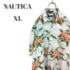NAUTICA ノーティカ 半袖 アロハシャツ 胸ポケット付き シルク素材 ベージュ系 花柄 メンズ XLサイズ