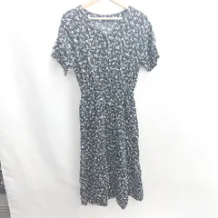 ◇ ⊂ GLOBAL WORK ウエストゴム Vネック 花柄 半袖 ロング丈 ワンピース サイズM ブラック ホワイト系 レディース E  【1502180050039】