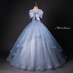 新品 カラードレス プリンセスライン ロングドレス ブルー フリル リボン パール ウェディングドレス 結婚式 二次会 花嫁 前撮り 演奏会 発表会 ステージ衣装