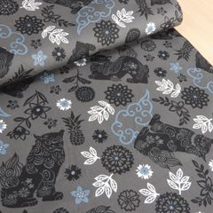 約110×14cm　シーサー柄 琉球柄 琉球 沖縄 ブロード生地 和柄 AP42809-3E グレー　生地 布地 布 ハンドメイド