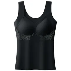 ブラトップ カップ付き インナー タンクトップ シームレス ストレッチ 花模様 シンプル 幅広ストラップ 美胸 さらさら パッド一体型 黒 白 大きいサイズ rr-044