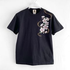 メンズ 波桜柄Tシャツ Sサイズ 手描きTシャツブラック 夜桜 和柄 ハンドメイド