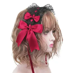 Sitengle ヘッドドレス ロリータ ゴスロリ 髪飾り ヘアアクセサリー カチューシャ レース リボン 蝶結び ヘアクリップ付き かわいい キュート メイドカフェ lolita 多色選択 (黒+赤)