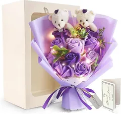 Capiner 笑顔輝く 花束 ソープフラワー LED 誕生日 プレゼント 結婚祝い 女性 くま 薔薇 造花 メッセージカード ショップバッグ付( パープル)