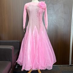 7152☆L ピンク 花柄レース ドレス フリル スタンダード 社交ダンス 