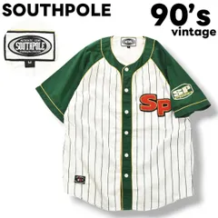 90sヴィンテージ サウスポール SOUTHPOLE ピンストライプ 半袖 ベースボール シャツ ヒップホップ ストリート M グリーン x ホワイト メンズのサムネイル