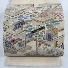 袋帯 名品 衝立 風景 刺繍 金通し クリーム お太鼓柄 正絹 【中古】