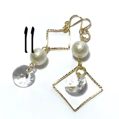 11シルク風パール＆ゴールドスクエア＆スワロフスキークリスタルゆらゆらハンドメイドピアス イヤリング 現品限り