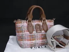 ■新品■未使用■ FURLA フルラ カリプソ ミニ ツイード×レザー 2WAY ハンドバッグ ショルダー オレンジ系×ブラウン系 BP1500