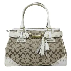 コーチ COACH 10508 ハンドバッグ シグネチャー キャンバス レザー タッセル チャーム 鞄 ホワイト ブラウン 白 茶 ■GY18 X