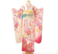 未使用に近い 正絹振袖フルセット イエロー 華やかな花柄 ガード加工