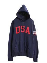 【お得なクーポン配布中!】 ポロ ラルフローレン スウェット フード パーカー メンズ L / 古着 トレーナー プルオーバー 裏起毛 星条旗 ビッグ USA 刺繍 ワンポイント