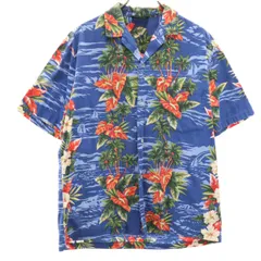 Royal Creations ロイヤルクリエーションズ ハワイ製 ボーダーパターン  花柄 半袖 アロハシャツ M ブルー 開襟 メンズ 古着