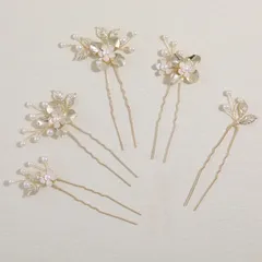 【特価商品】木の葉モチーフ パールヘアピン 5本セット Uピン 花 ヘッドドレス ウェディング 結婚式 ヘアアクセサリー お呼ばれ 披露宴 卒業式 髪飾り 発表会 和装用 手作り髪飾り Famihot 合金製 (02)
