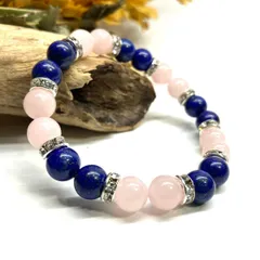 ラピスラズリ&ローズクォーツ パワーストーン ブレスレット 天然石 (シルバー)  8mm レディース 女性  数珠ブレス 開運 プレゼント ギフト  [d]