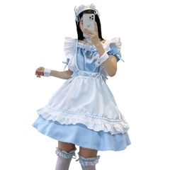 [FULINE] メイド 服 半袖 コスプレ 衣装 ロリータ 服 ロリータ ドレス COSPLAY LOLITA プリンセス ドレス フリル 大きいサイズ ブルー M 1