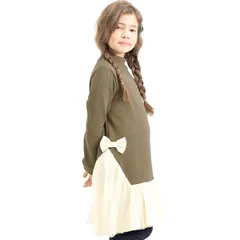 Bee【♪クーポン利用で20％OFF♪】裏起毛 切り替えワンピース◇ハイネック×モカ◇韓国子供服 韓国子ども服 韓国こども服 キッズ 女の子 フリース 異素材 長袖 チュール 100 110 120 130 140 150