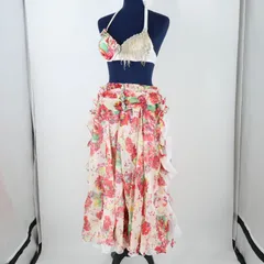 【ベリーダンス用 オリエンタル衣装】ホワイト×ピンク ラインストーン ビーズ レース生地 花柄 白 フリル 可愛い 華やか 赤 ブラトップ スカートセット 女性らしい