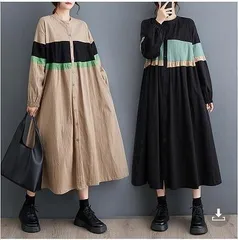 新品 2026新作 モード系　大きいサイズ レディース ワンピース　ロング　シャツ　春 秋冬 長袖　カーキ