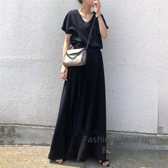 【新品未使用】マキシワンピース レディース 40代 黒 ワンピース ロング丈 vネック 半袖 無地 二次会 30代50代 おしゃれ 通勤 fvcp190
