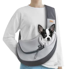 ペットスリング メッシュ 犬 抱っこ紐 ドッグスリング ペットバッグ 小型犬 猫 キャリーバッグ 飛び出し防止ストラップ付 調節可能 ポケット付き 斜めショルダーバッグ 夏の日対策 お出かけ抱っこ 4キロまで対応(グレー M) 1