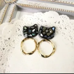 ♪ブラックシェルキャット×ねじりリング　ピアス/イヤリング　レジンアクセサリー♪