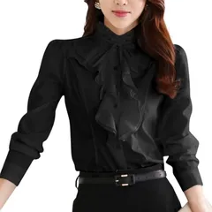 AQUA Marine フロントフリルブラウス レディース フリルネック シャツ トップス リボンタイ 立ち襟 ハイネック 無地 フォーマル 長袖 オフィス(ブラック,  M)