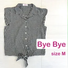 最終値下【Bye Bye】ギンガムチェックの裾を結べるブラウス 白黒 (肩袖)【Mサイズ】[E-065]