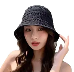 バケットハット レディース 透かし編み 小顔効果 深め 紫外線 対策 帽子 韓国 日焼け 対策 ストロー ハット 4カラー ハット HAT カギ 鍵 編み メッシュ 大きい 大きめ UV カット 旅行 可愛い シンプル 無 [ブラック] [Free Size]