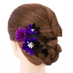 髪飾り 成人式 つまみ細工 振袖 前撮り 袴 浴衣 夏祭り 花火大会 豪華3点セット 紫 黒 ちりめん ヘアアクセ 新作 かんざし ヘ No.9-3644