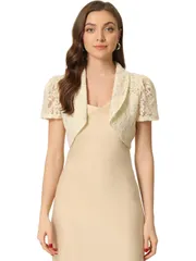 Allegra K カーディガン ボレロ 結婚式 花柄レース 半袖 シュラグ ラペルカラー エレガント レディース ベージュ M