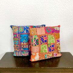 【2点】新品 オレンジインド刺繍パッチワーククッションラリーキルト