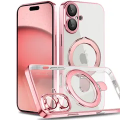 【新着商品】レンズ保護 多機能 薄型軽量 車載ホルダー対応 カバー 耐衝撃構造 メッキ加工 透明柔らかいTPU クリア アイフォン16 リング付き MagSafe対応 用 用 磁気カバー ケース 16 クリアケース（iPhone iPhone 16用ローズゴー