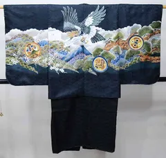七五三 五歳 男児 羽織・着物・襦袢3点セット 豪華絢爛 鷹 黒地 お仕立て無料 祝着 NO38813-2